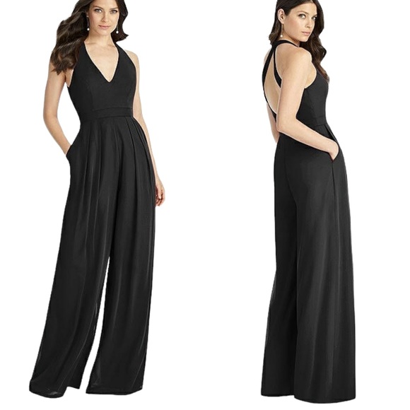 Dessy Collection Pants - Dessy Jumpsuit Arielle V Neck Backless Wide Leg Chiffon One Piece Black 12 NWT